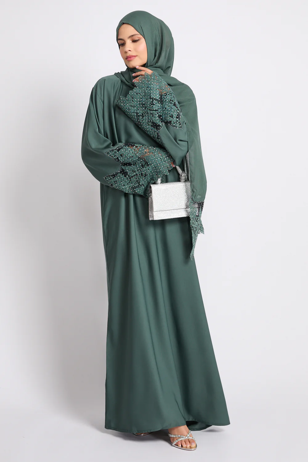 Jade Green Closed Abaya with Embellished Floral Cuffs