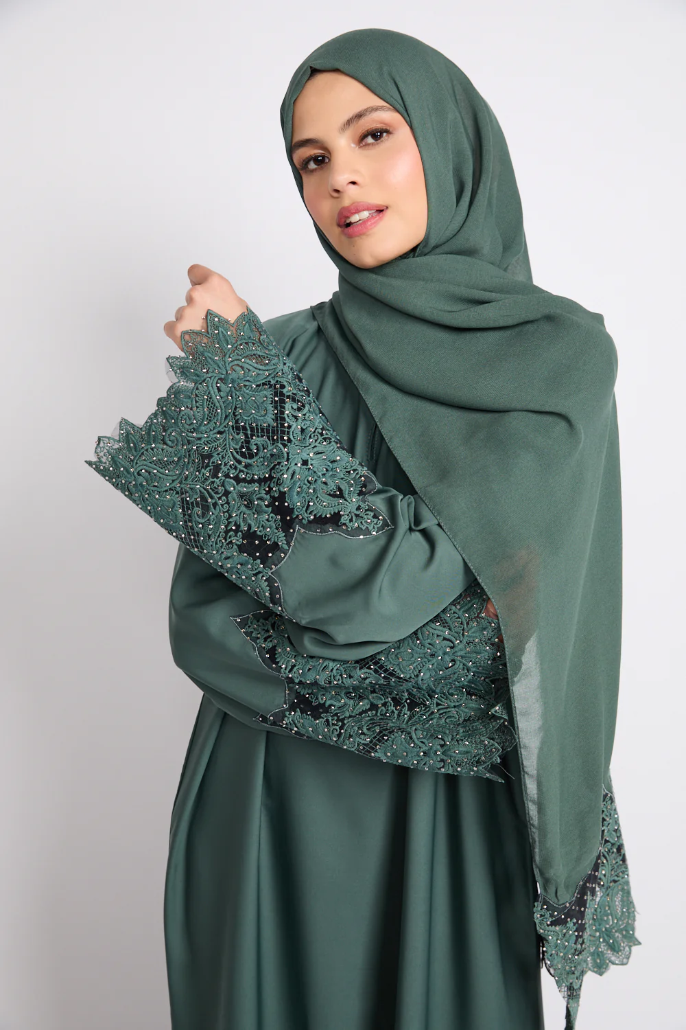 Jade Green Closed Abaya with Embellished Floral Cuffs - Image 2