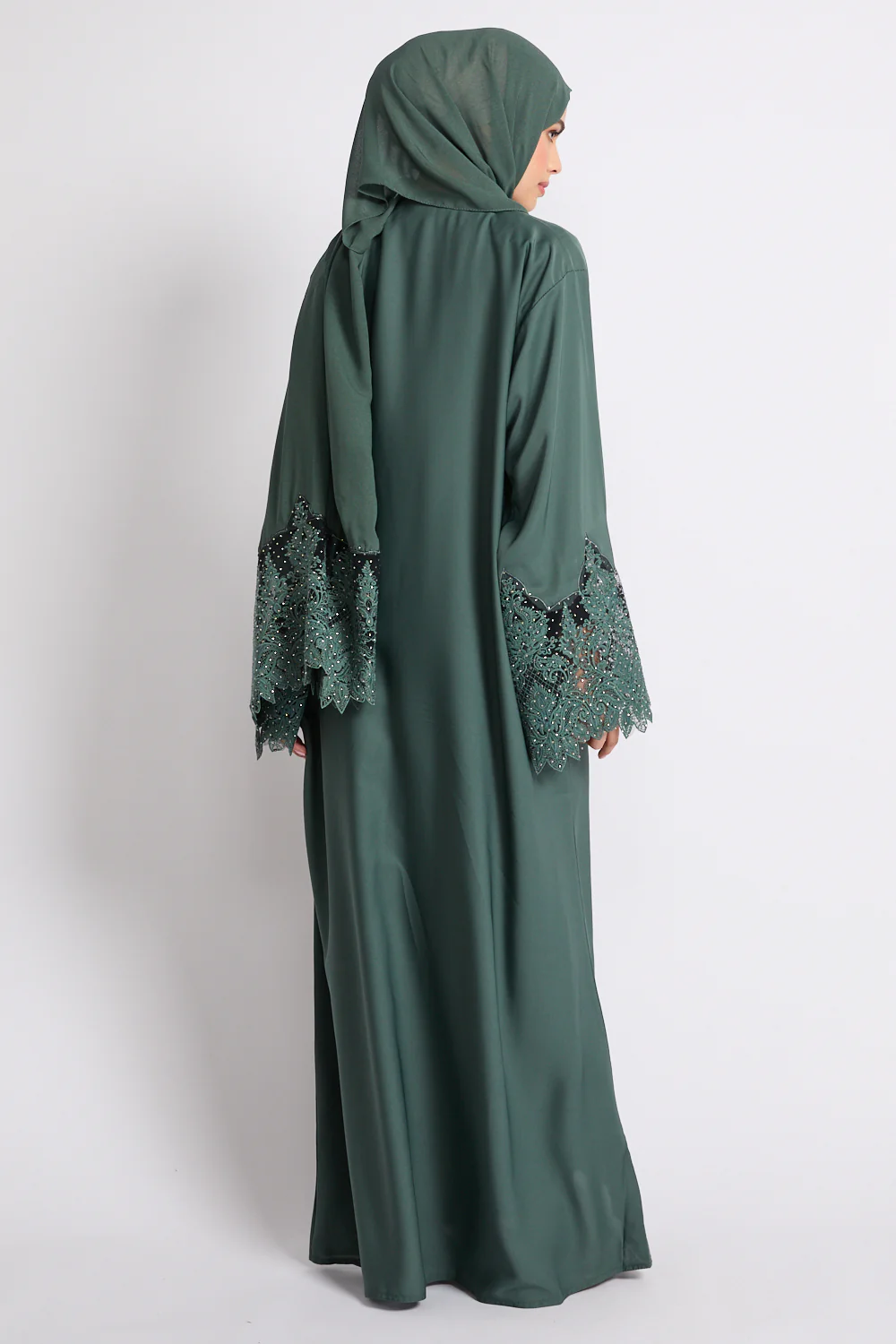 Jade Green Closed Abaya with Embellished Floral Cuffs - Image 3