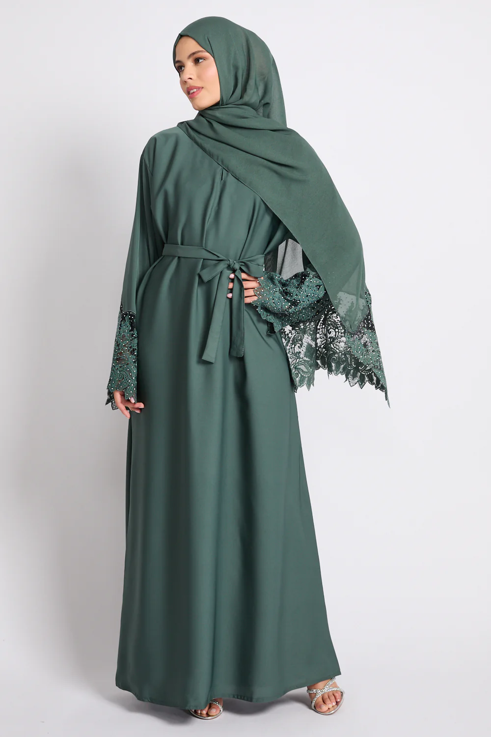 Jade Green Closed Abaya with Embellished Floral Cuffs - Image 4