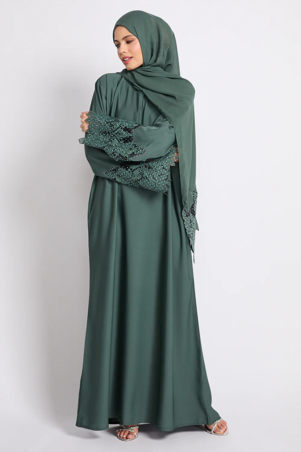 Jade Green Closed Abaya with Embellished Floral Cuffs - Image 5