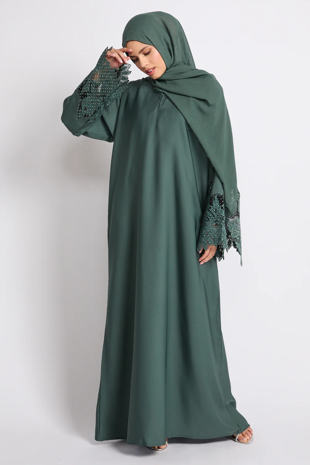 Jade Green Closed Abaya with Embellished Floral Cuffs - Image 6