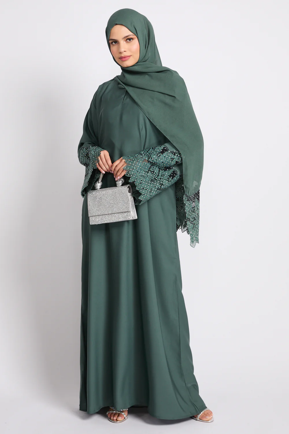 Jade Green Closed Abaya with Embellished Floral Cuffs - Image 7