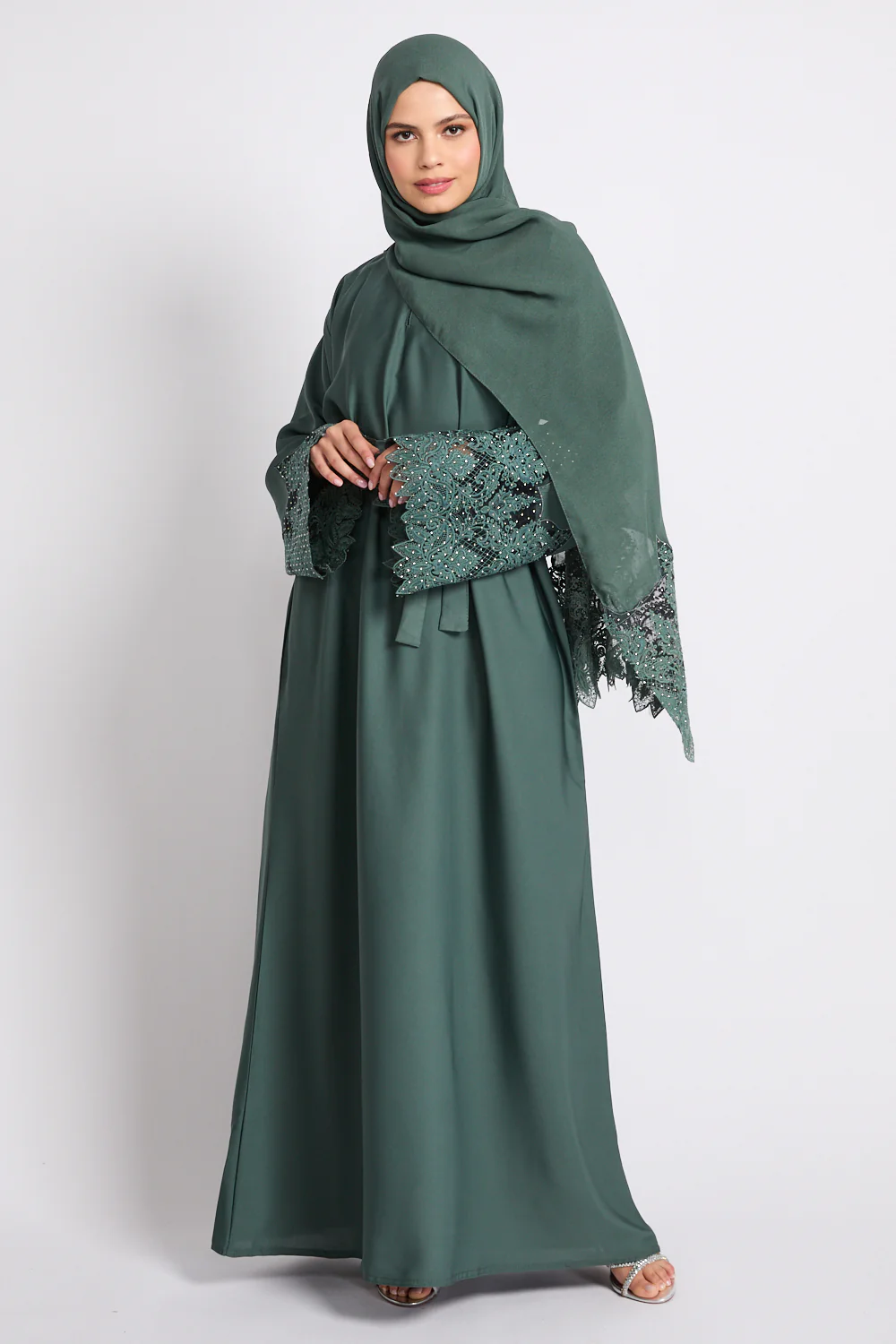 Jade Green Closed Abaya with Embellished Floral Cuffs - Image 8