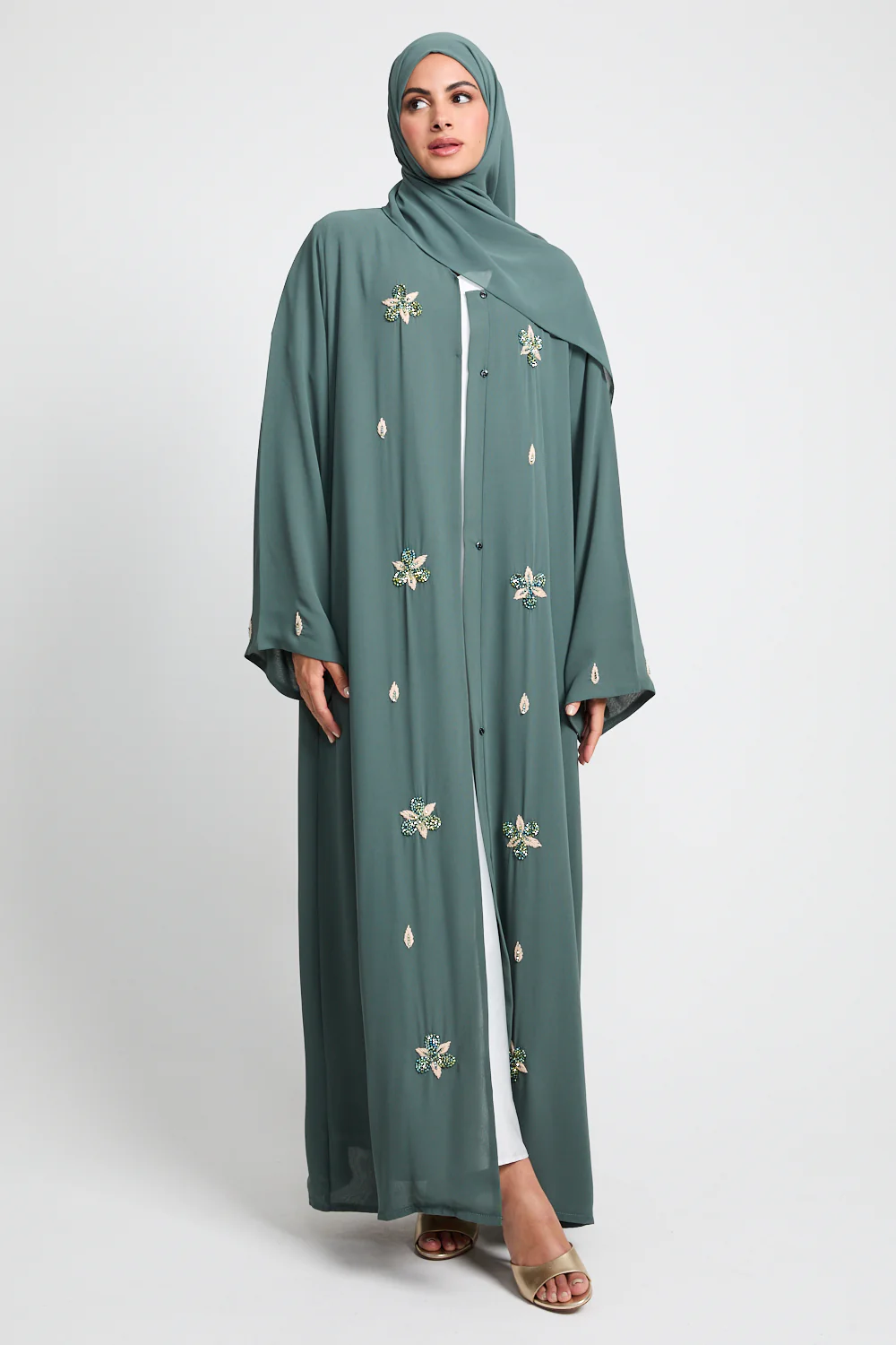 Jade Green Floral Embellished Chiffon Open Abaya - Image 3