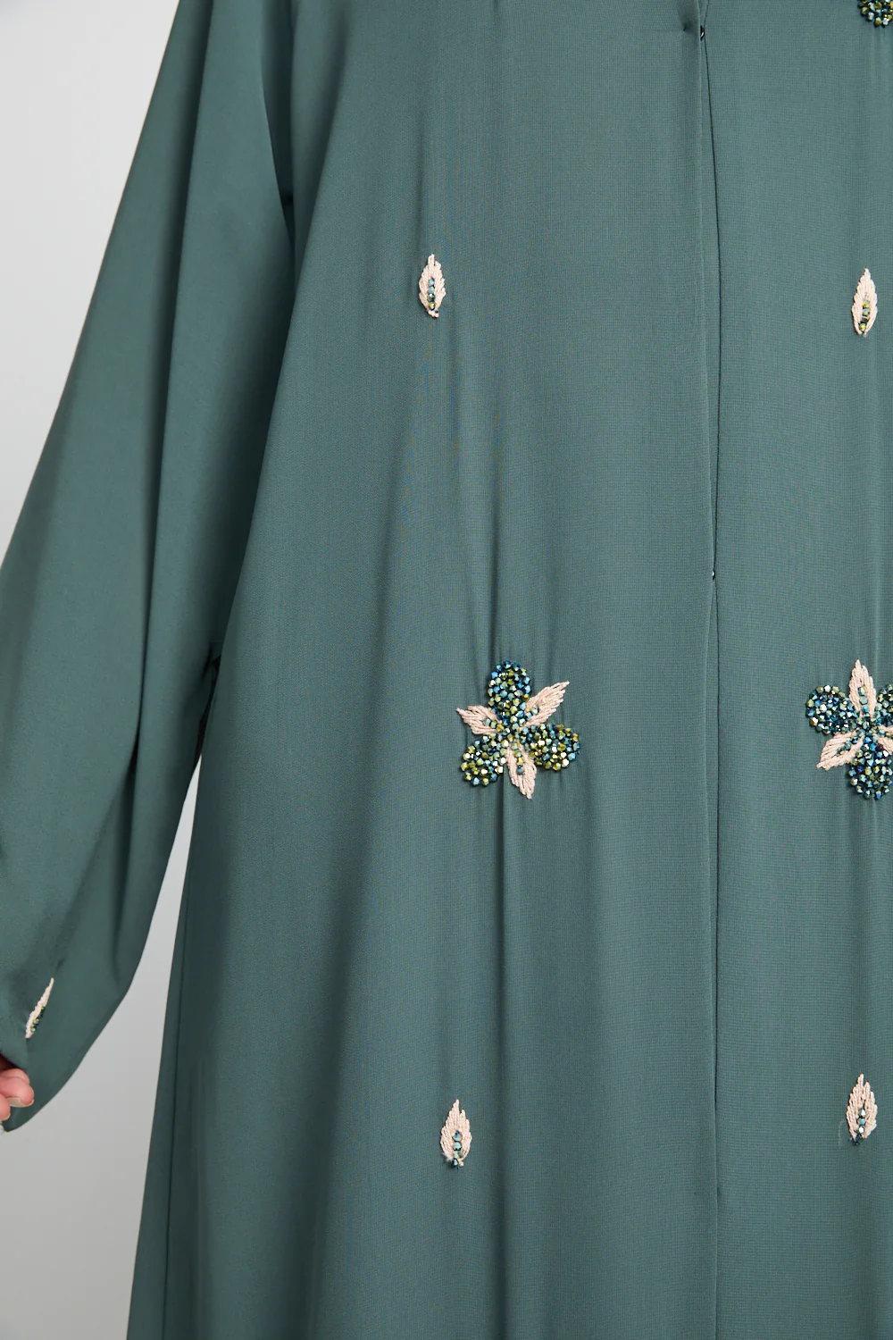 Jade Green Floral Embellished Chiffon Open Abaya - Image 4