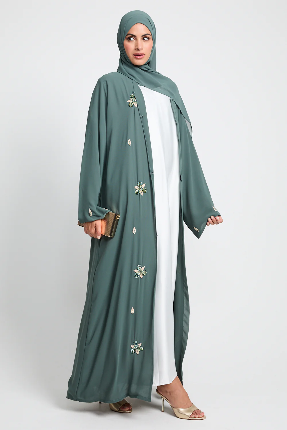 Jade Green Floral Embellished Chiffon Open Abaya - Image 5