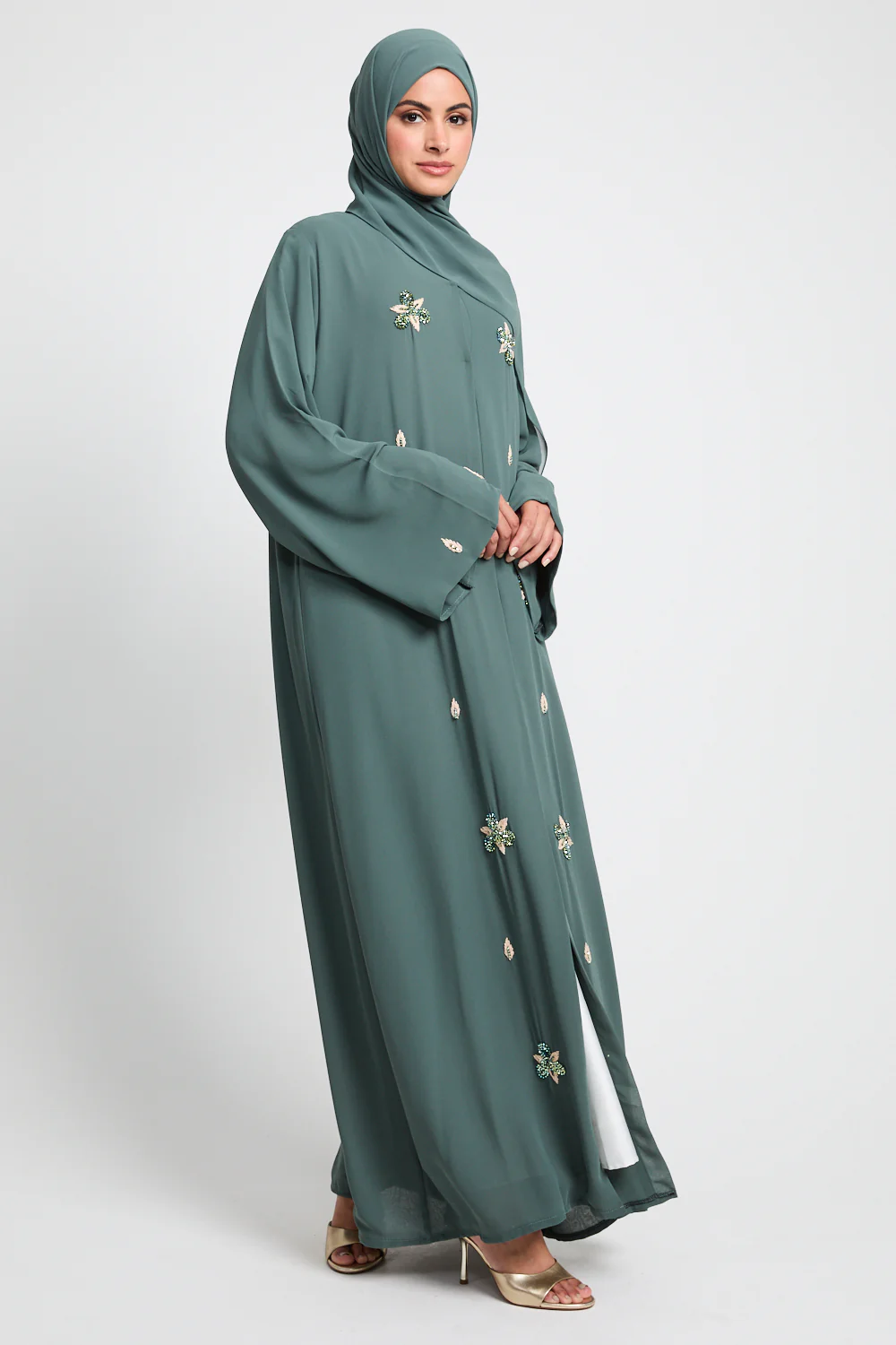 Jade Green Floral Embellished Chiffon Open Abaya - Image 7