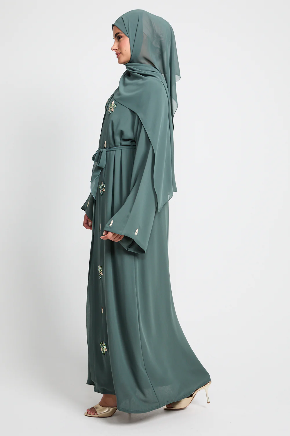 Jade Green Floral Embellished Chiffon Open Abaya - Image 9