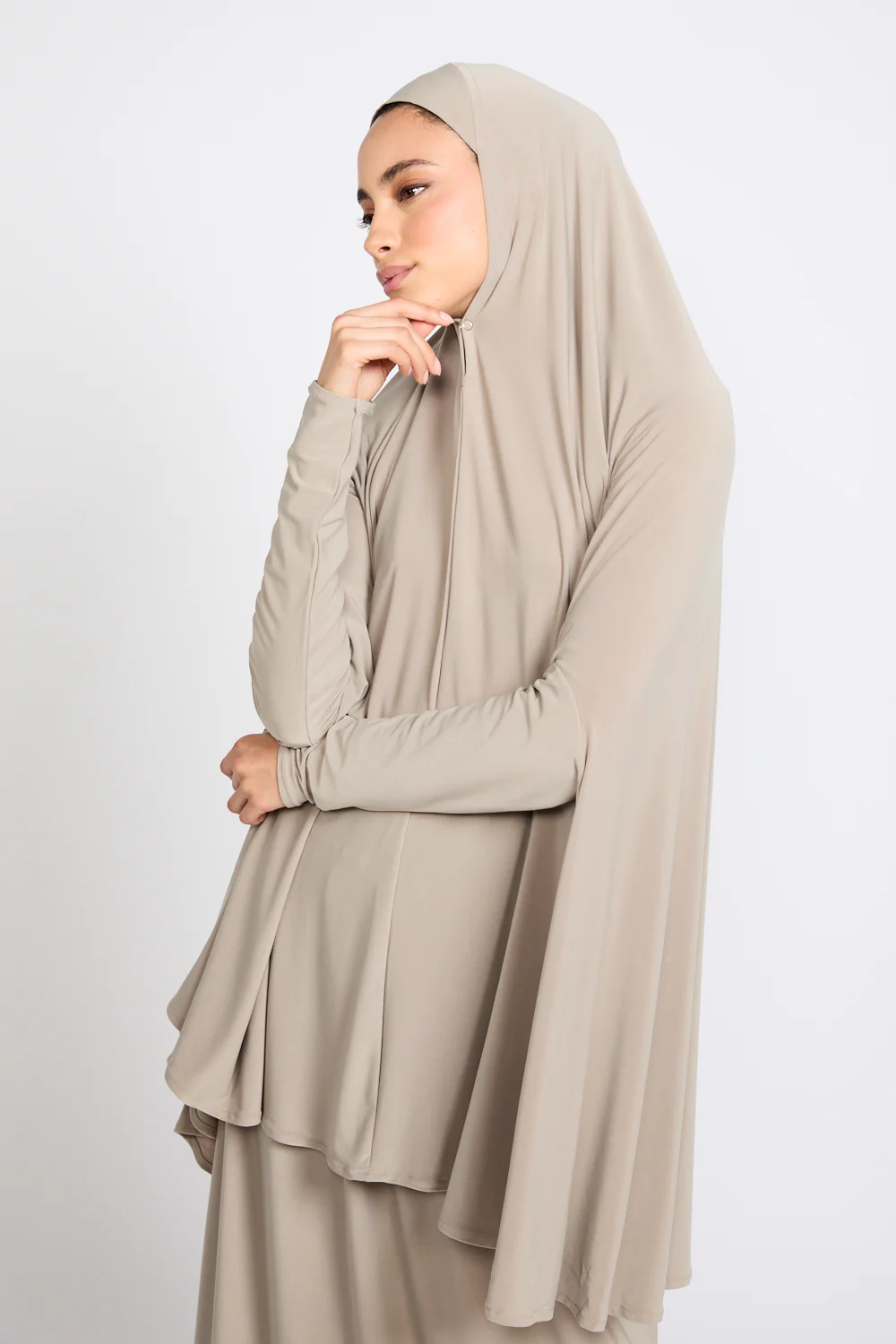 Jersey Khimar with Skirt Prayer Abaya Set - Sand Dune - Image 2