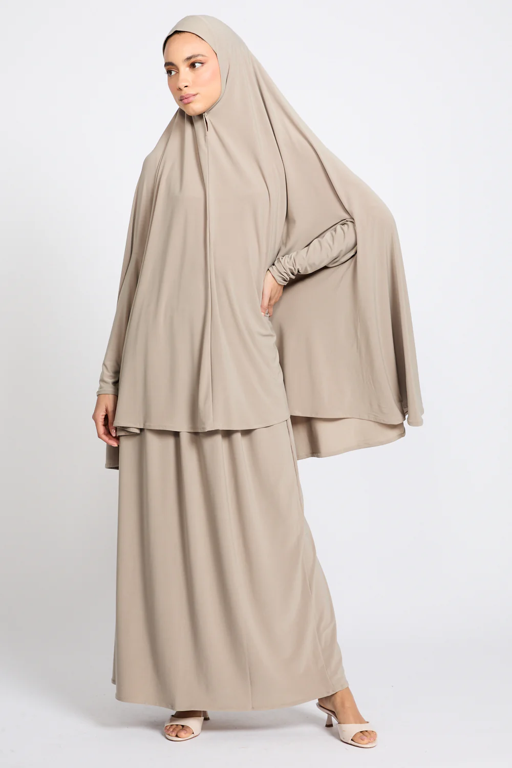 Jersey Khimar with Skirt Prayer Abaya Set - Sand Dune - Image 6