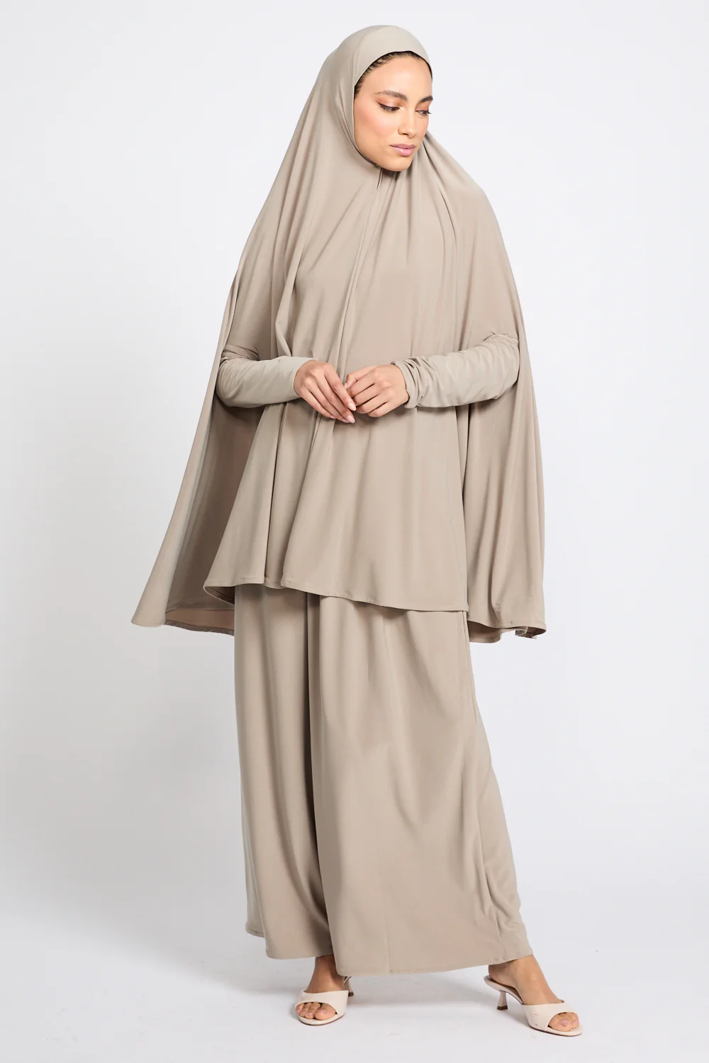 Jersey Khimar with Skirt Prayer Abaya Set - Sand Dune - Image 7
