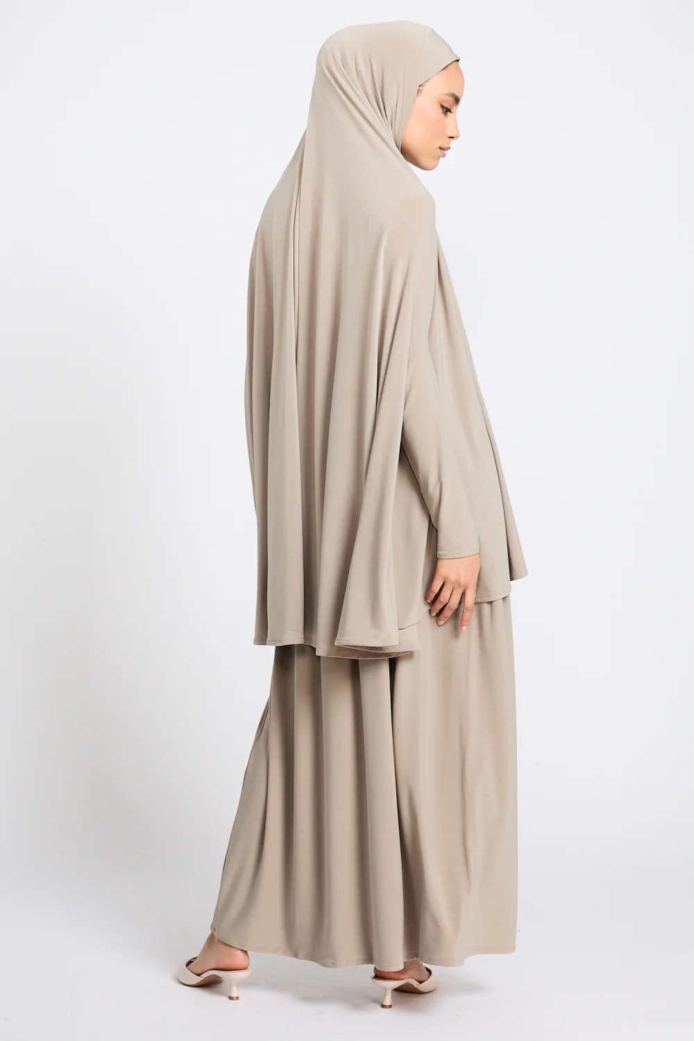 Jersey Khimar with Skirt Prayer Abaya Set - Sand Dune - Image 8