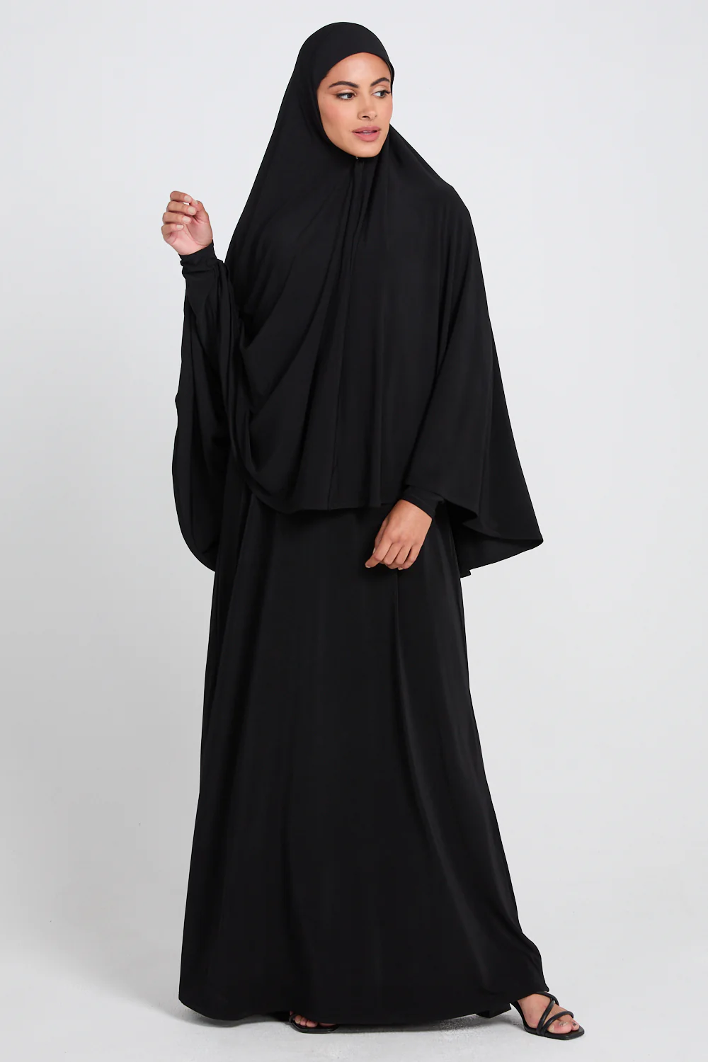 Jersey Plain Closed Abaya with Khimar Set - Black