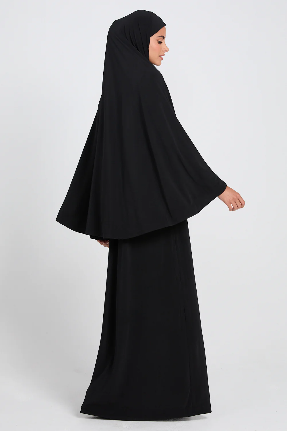 Jersey Plain Closed Abaya with Khimar Set - Black - Image 3