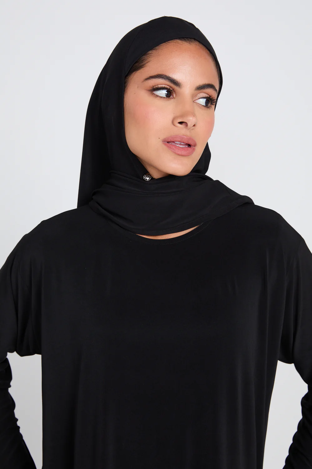 Jersey Plain Closed Abaya with Khimar Set - Black - Image 5