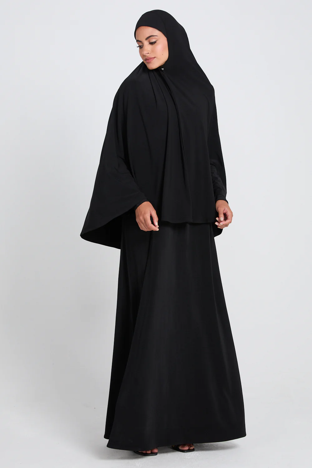 Jersey Plain Closed Abaya with Khimar Set - Black - Image 6