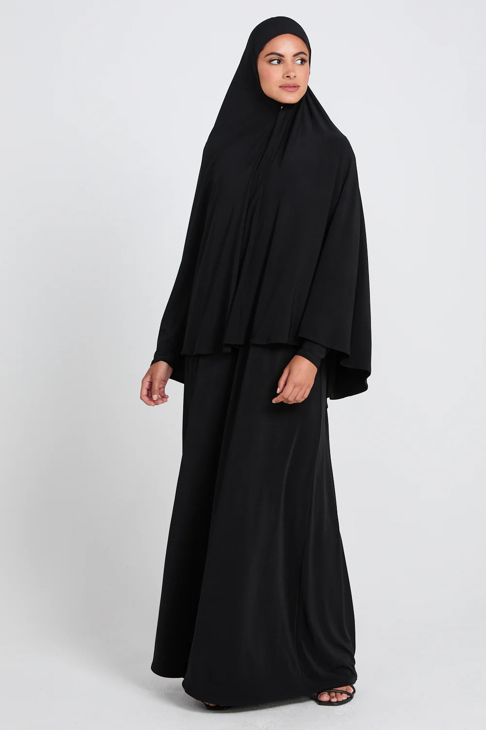 Jersey Plain Closed Abaya with Khimar Set - Black - Image 7
