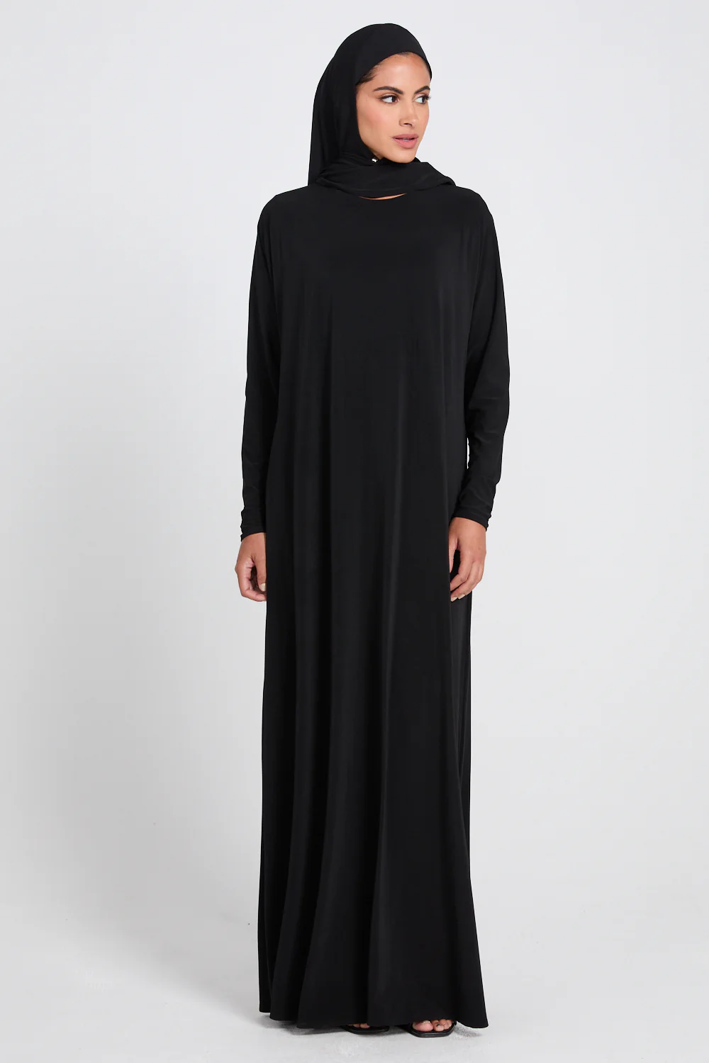 Jersey Plain Closed Abaya with Khimar Set - Black - Image 9