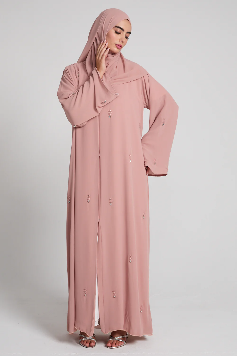Jewel Petal Embellished Chiffon Open Abaya - Blush - Image 10