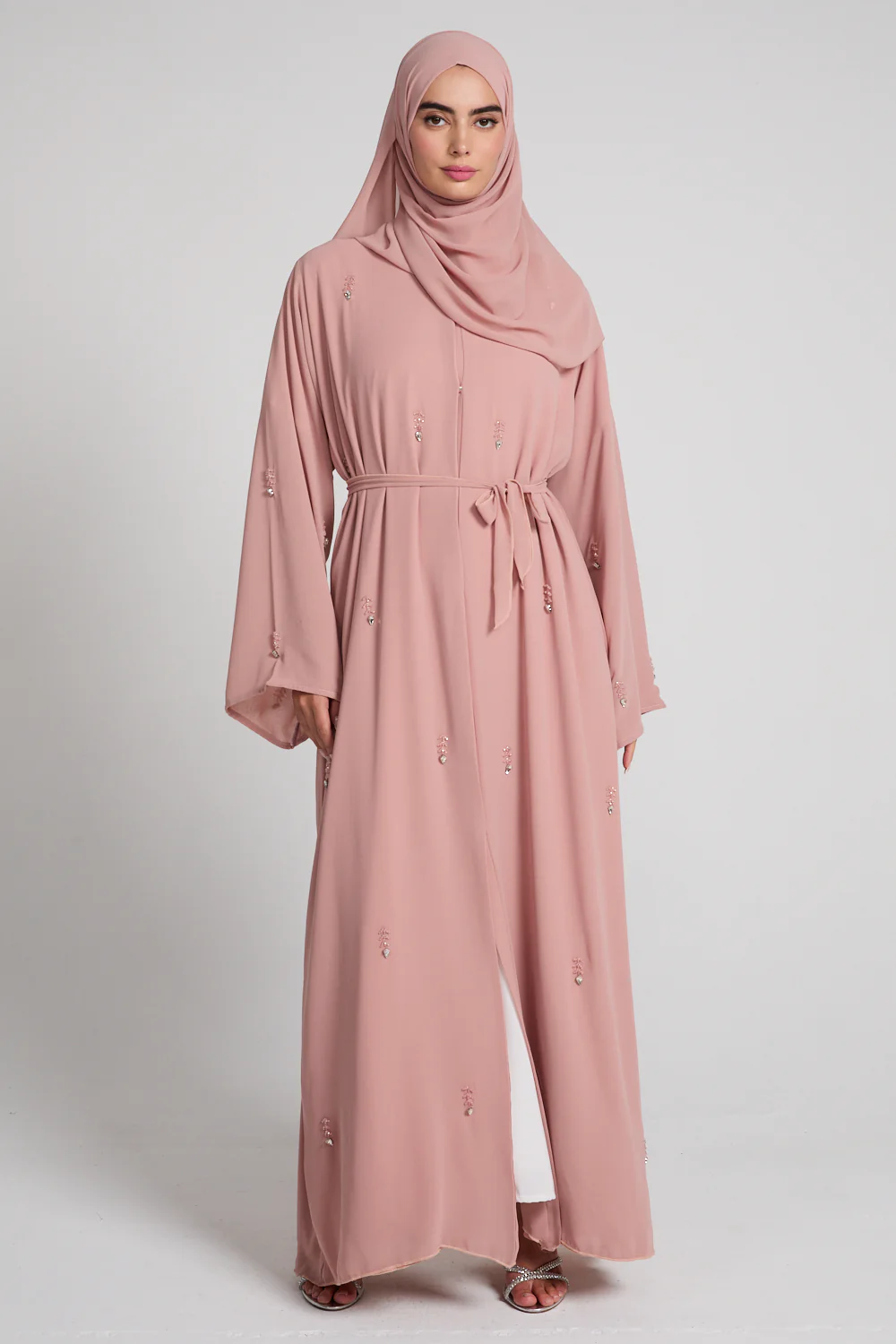 Jewel Petal Embellished Chiffon Open Abaya - Blush - Image 3