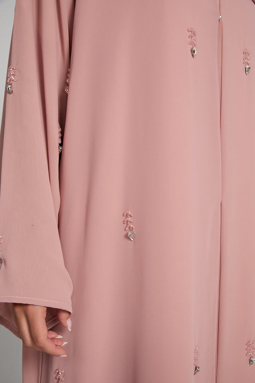 Jewel Petal Embellished Chiffon Open Abaya - Blush - Image 4