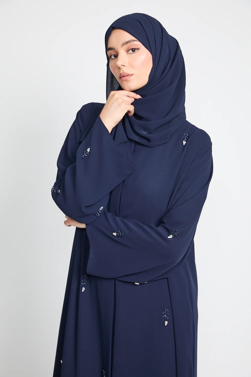 Jewel Petal Embellished Chiffon Open Abaya - Navy - Image 2