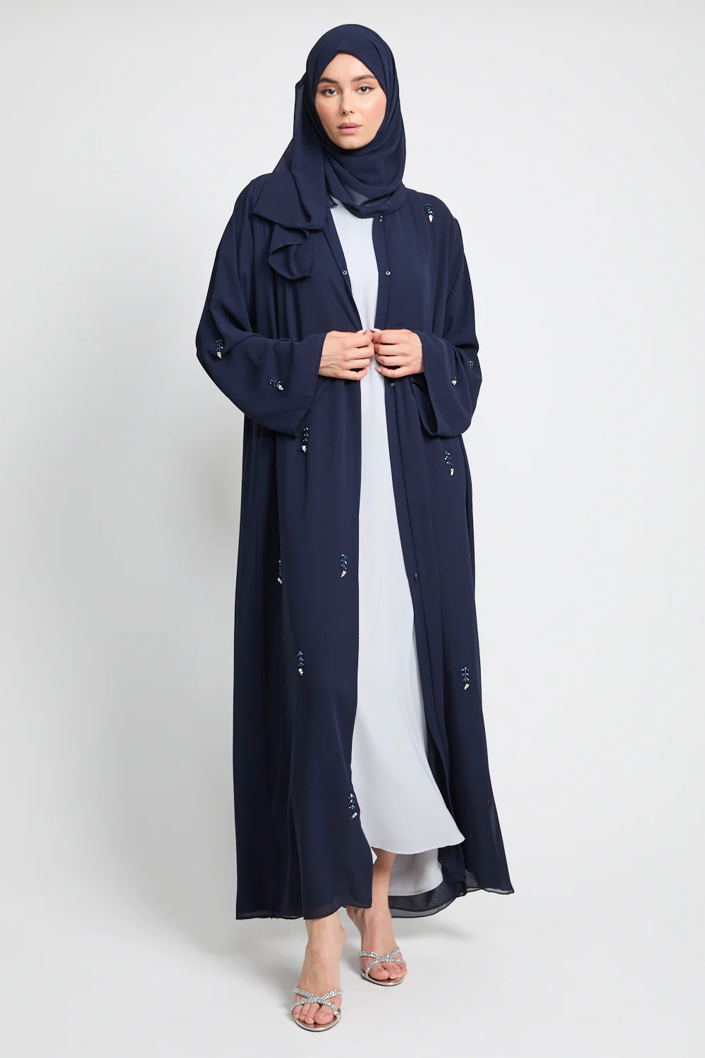 Jewel Petal Embellished Chiffon Open Abaya - Navy - Image 3