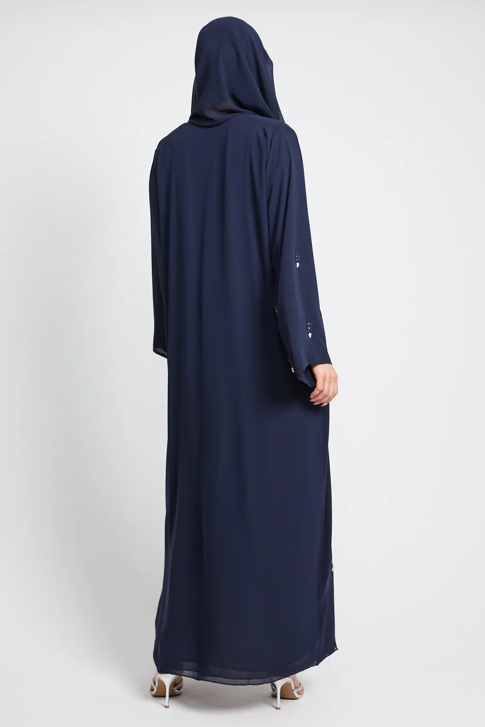 Jewel Petal Embellished Chiffon Open Abaya - Navy - Image 4