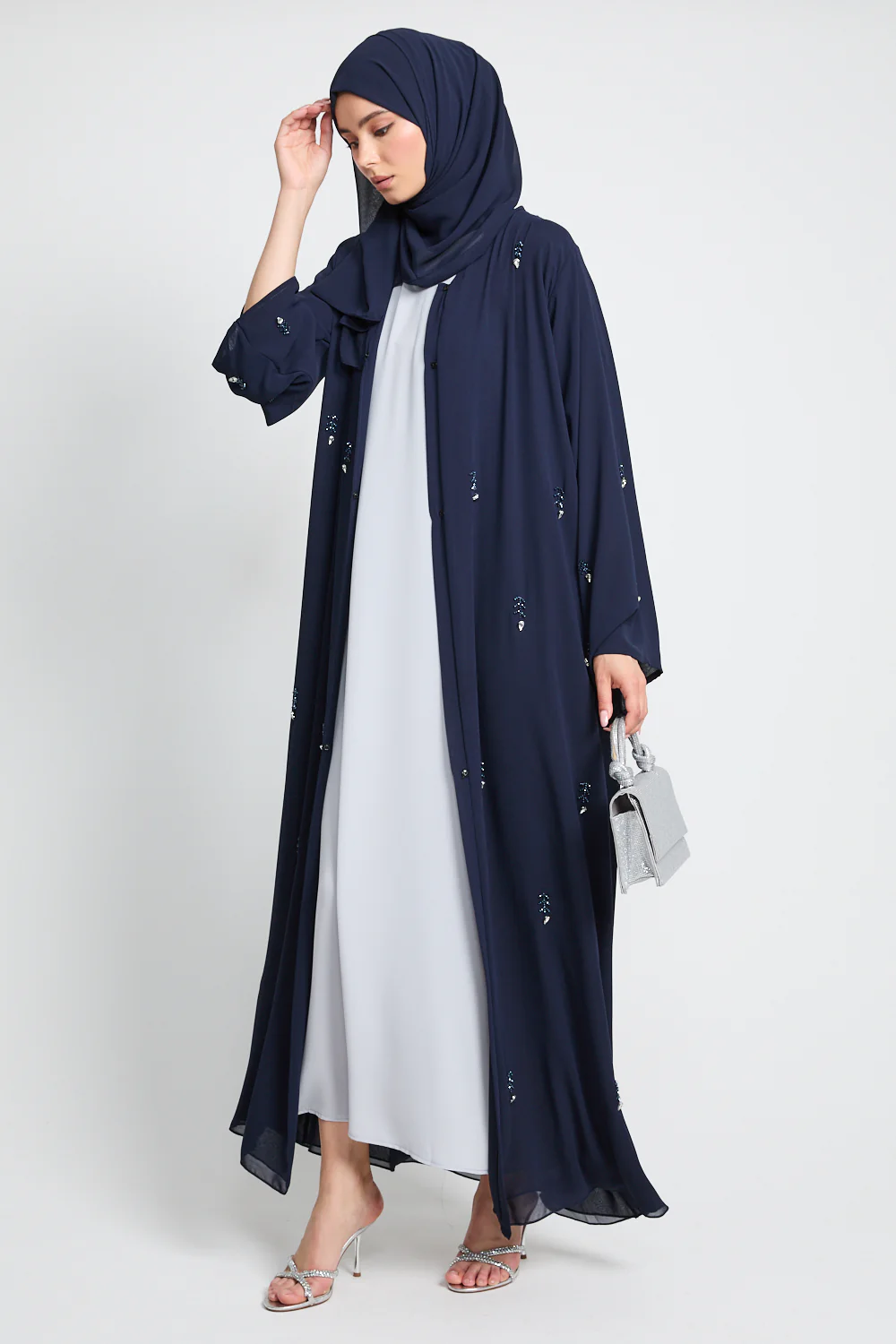 Jewel Petal Embellished Chiffon Open Abaya - Navy - Image 5