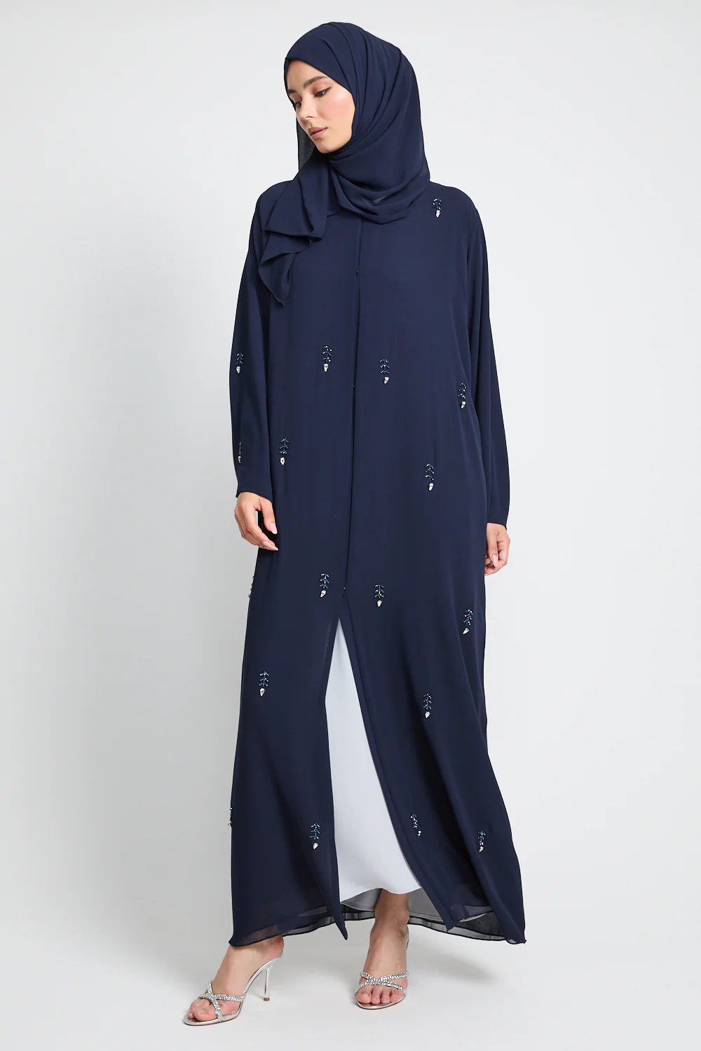 Jewel Petal Embellished Chiffon Open Abaya - Navy - Image 7