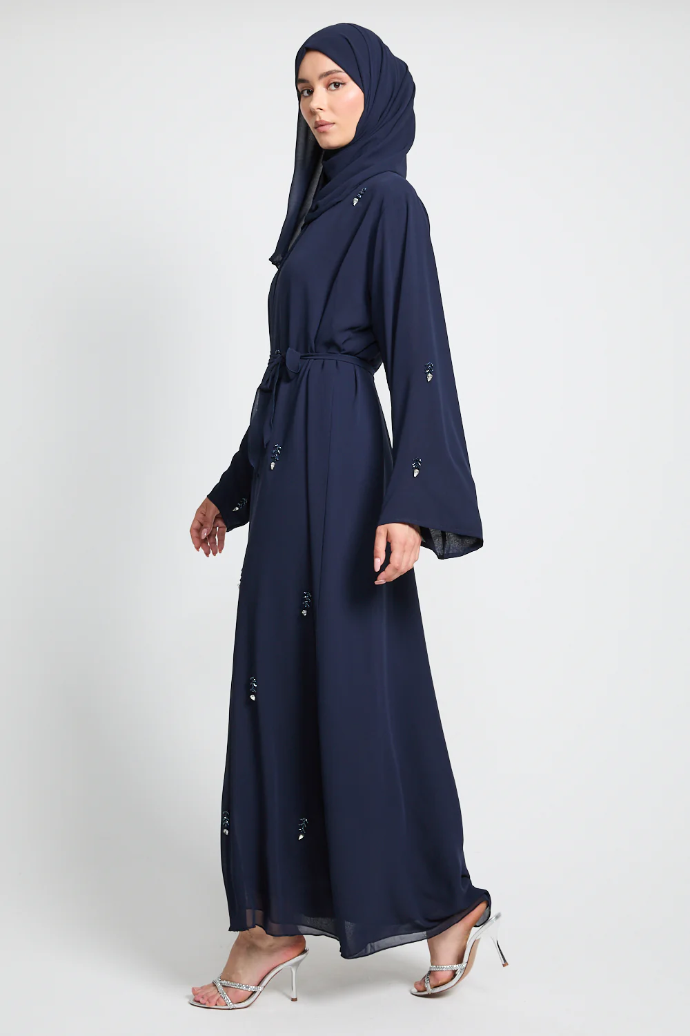 Jewel Petal Embellished Chiffon Open Abaya - Navy - Image 9