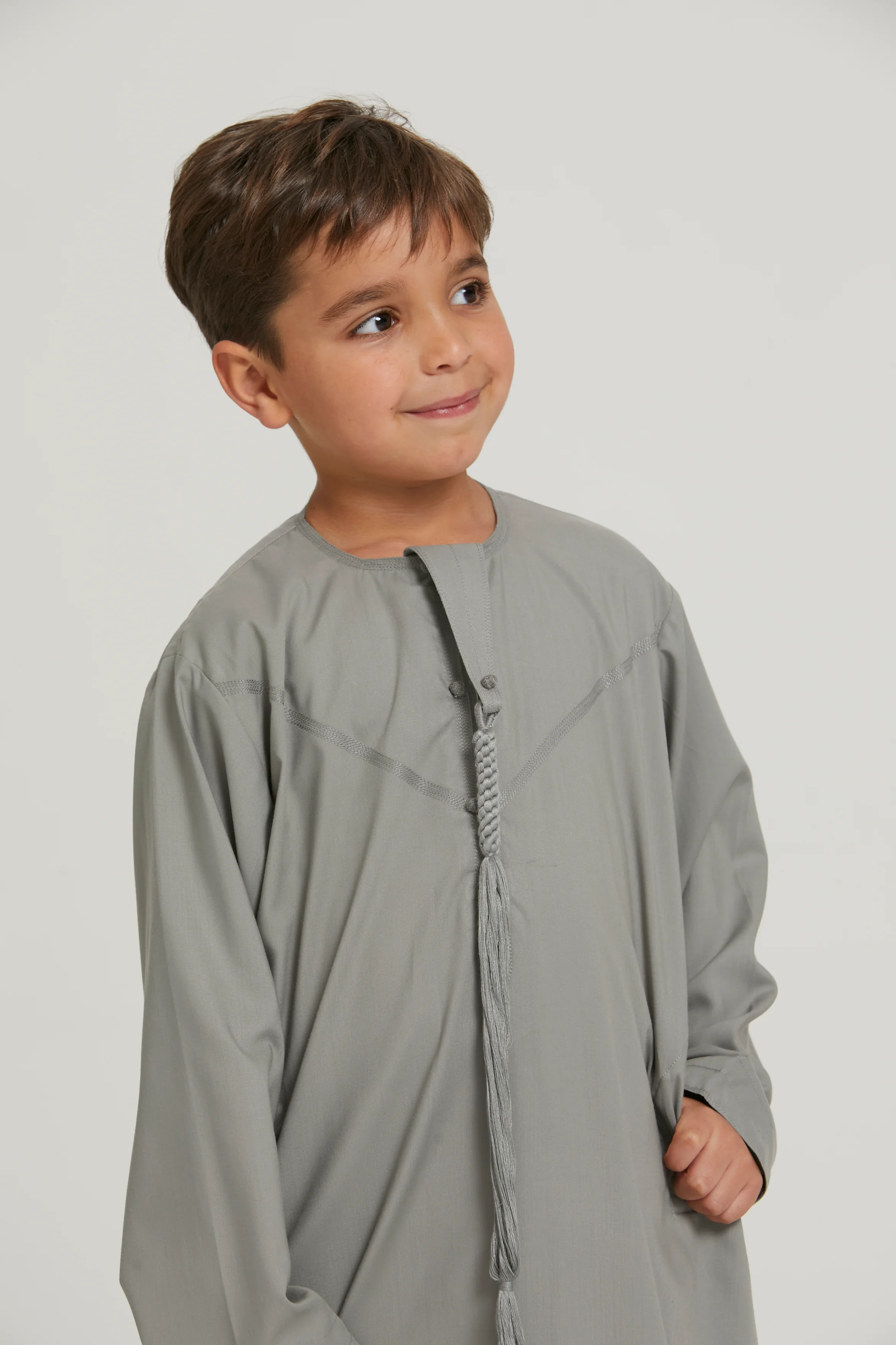 Junior Boys Premium Emirati Thobe - Khaki Grey - Image 2