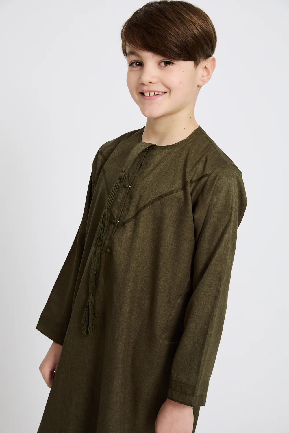 Junior Boys Premium Emirati Thobe - Khaki Olive - Image 2