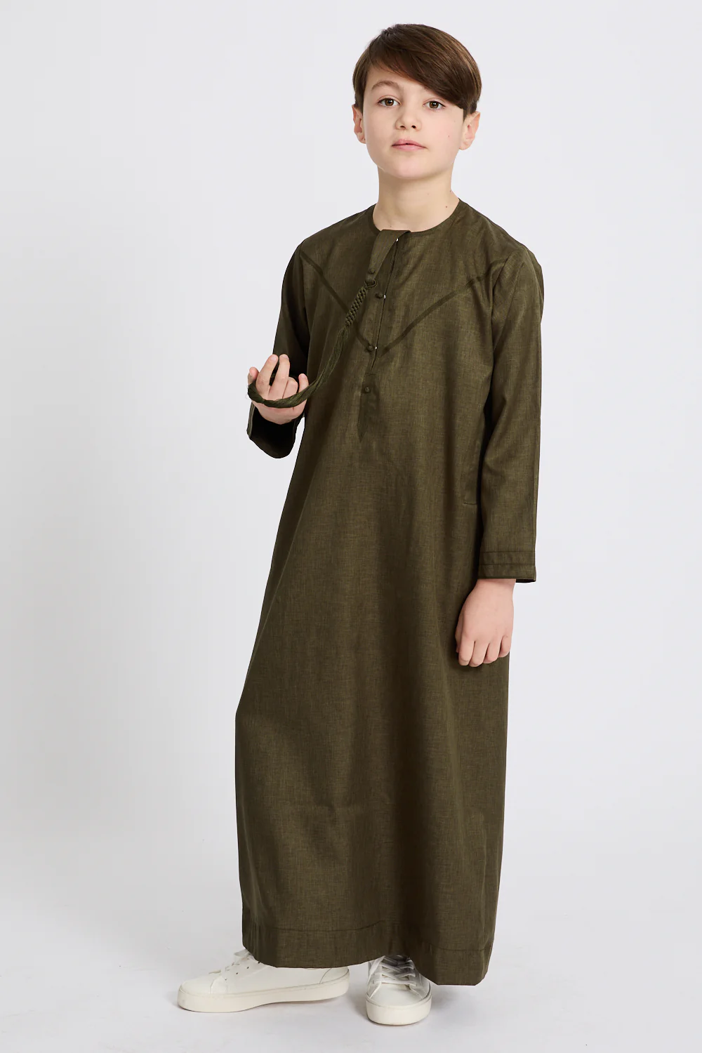 Junior Boys Premium Emirati Thobe - Khaki Olive - Image 3