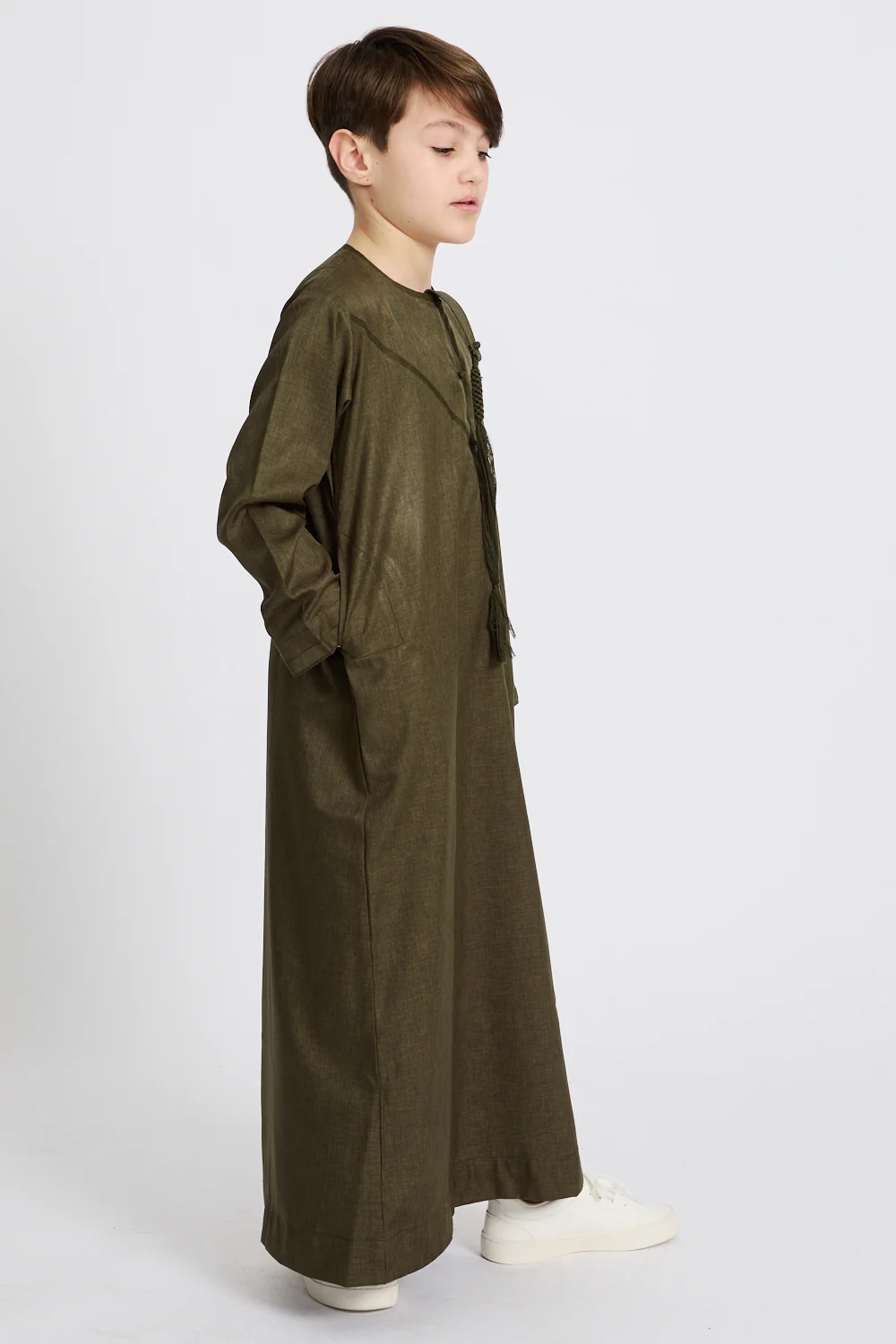 Junior Boys Premium Emirati Thobe - Khaki Olive - Image 4