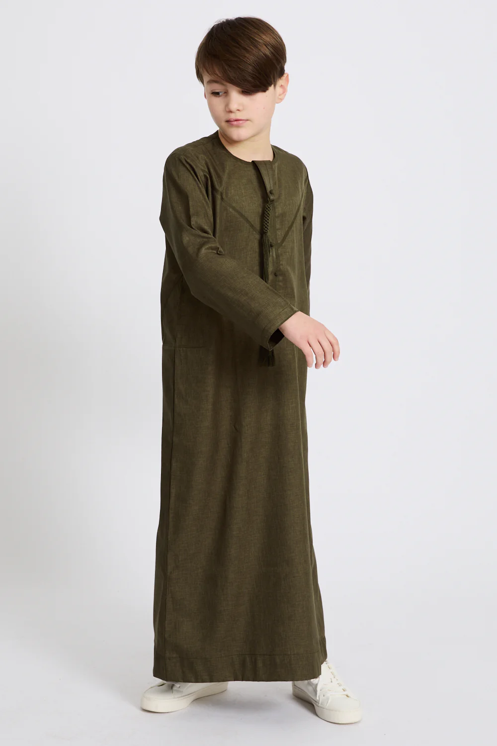 Junior Boys Premium Emirati Thobe - Khaki Olive - Image 5