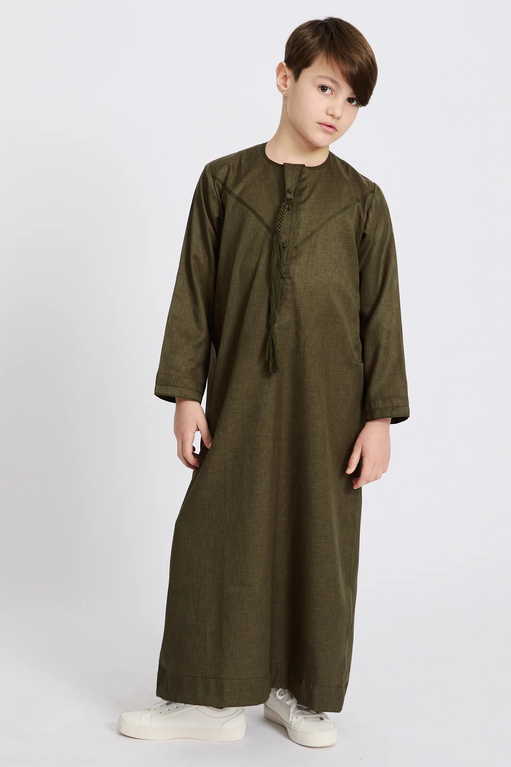 Junior Boys Premium Emirati Thobe - Khaki Olive - Image 6