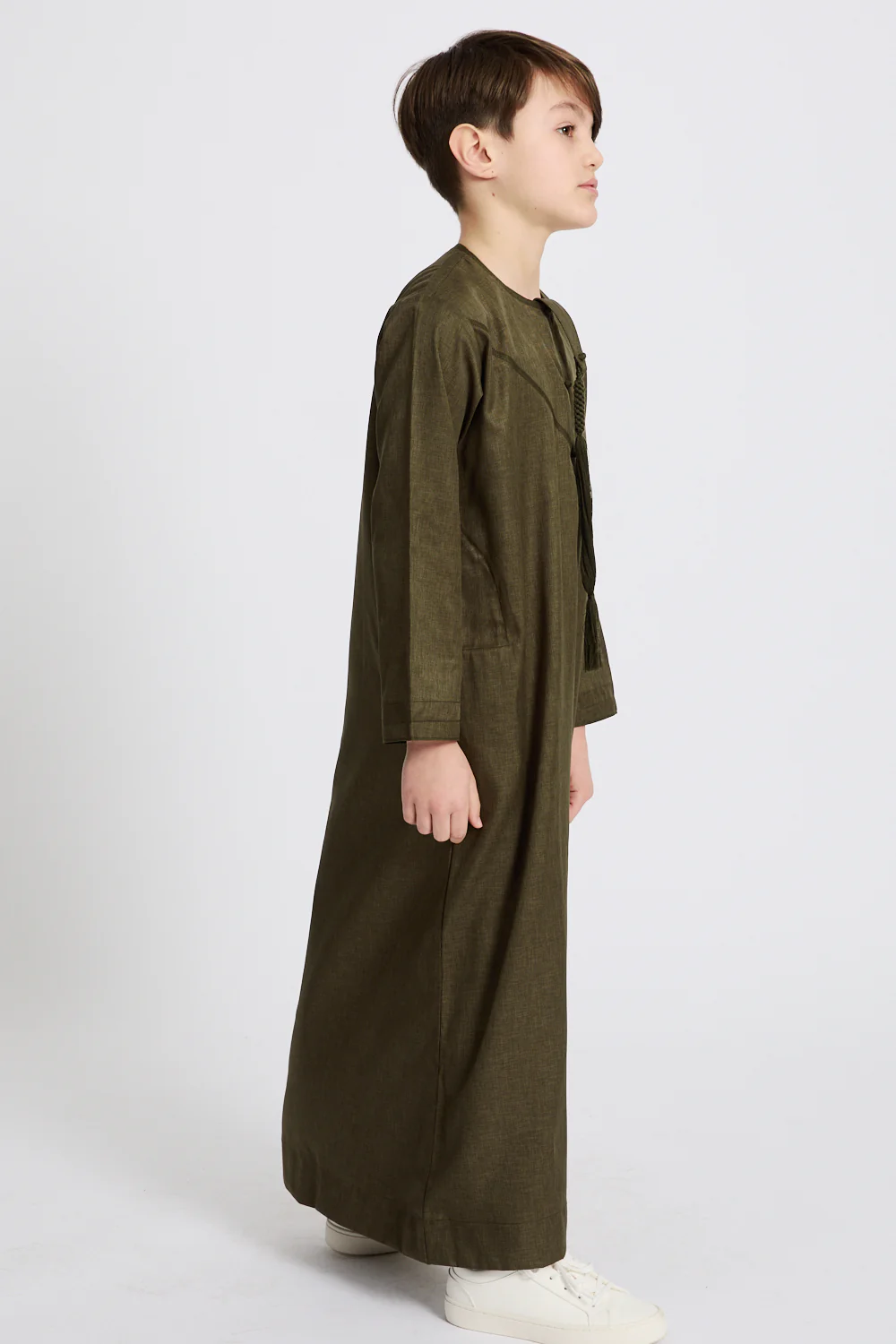 Junior Boys Premium Emirati Thobe - Khaki Olive - Image 8