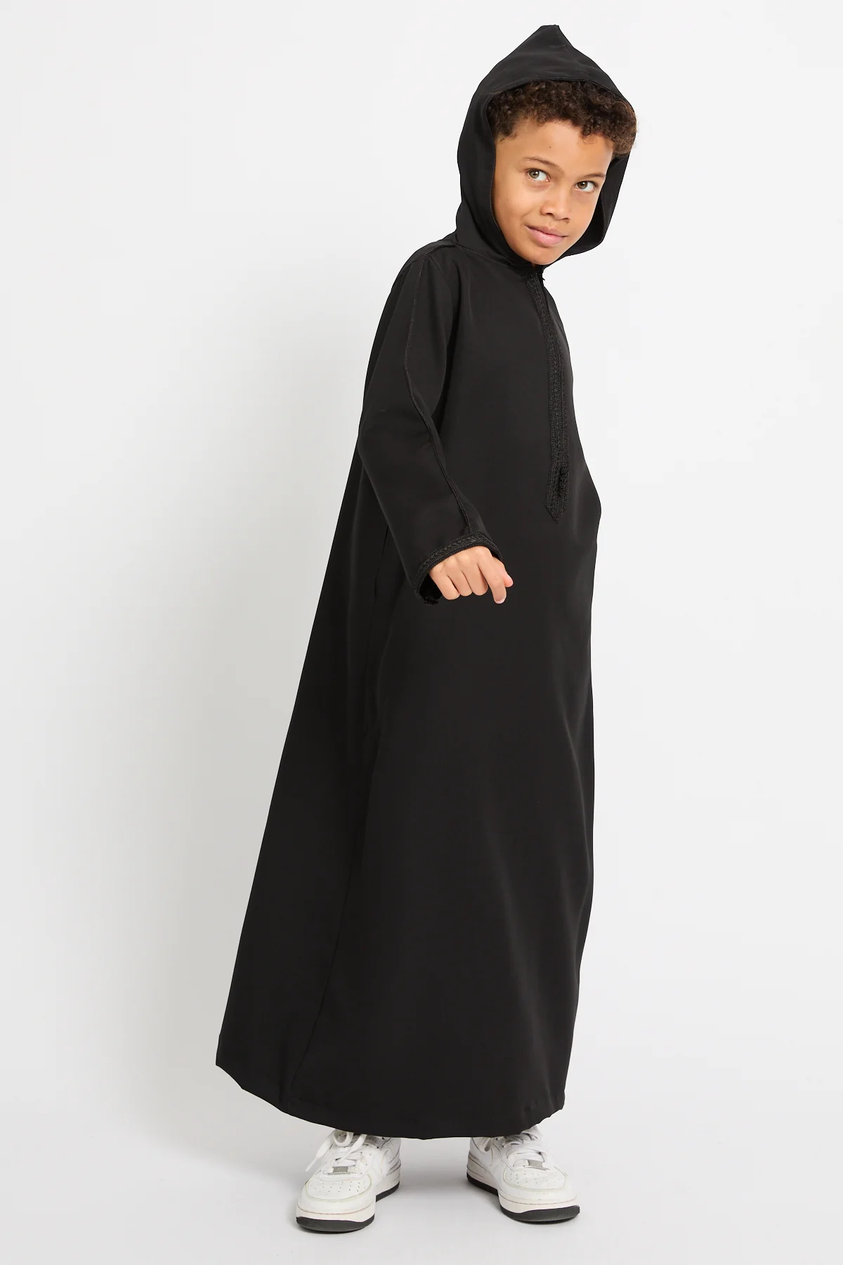 Junior Boys Premium Moroccan Thobe with Hood - Black - Image 3