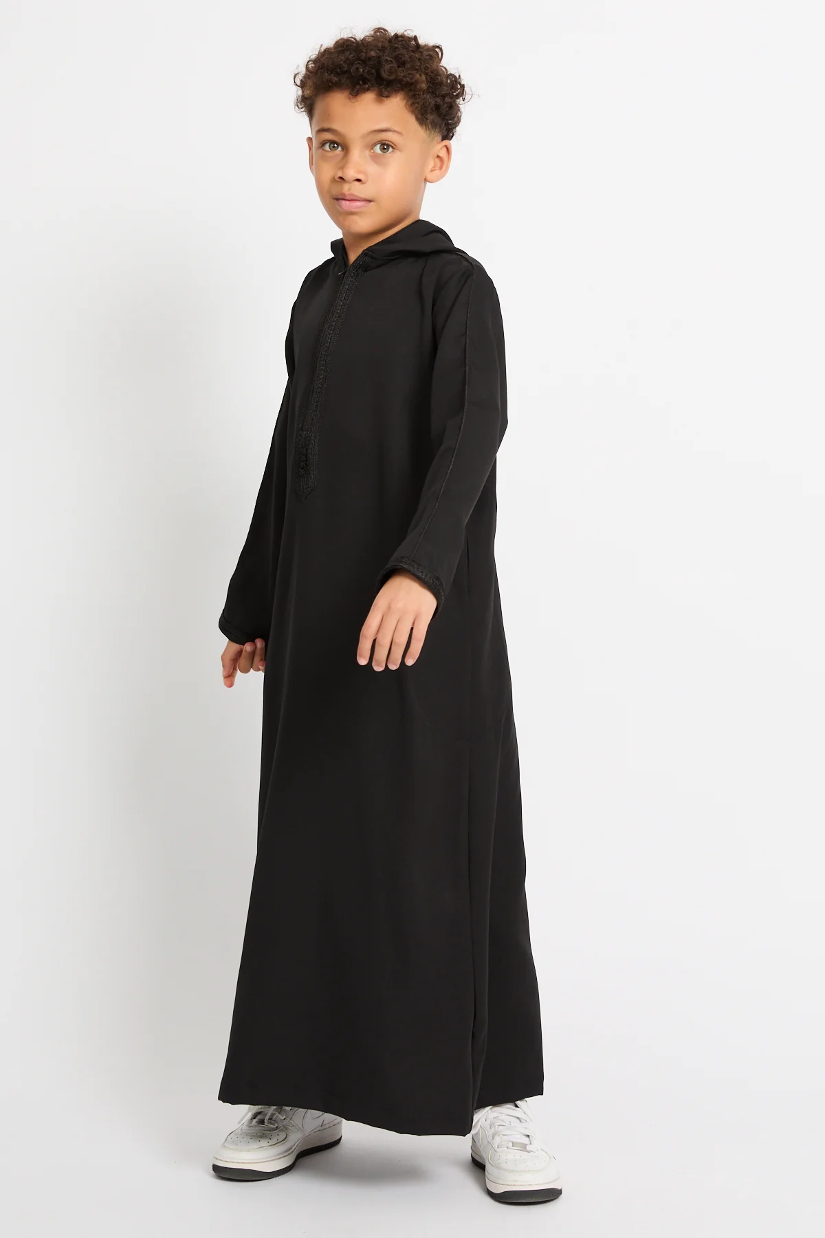 Junior Boys Premium Moroccan Thobe with Hood - Black - Image 6