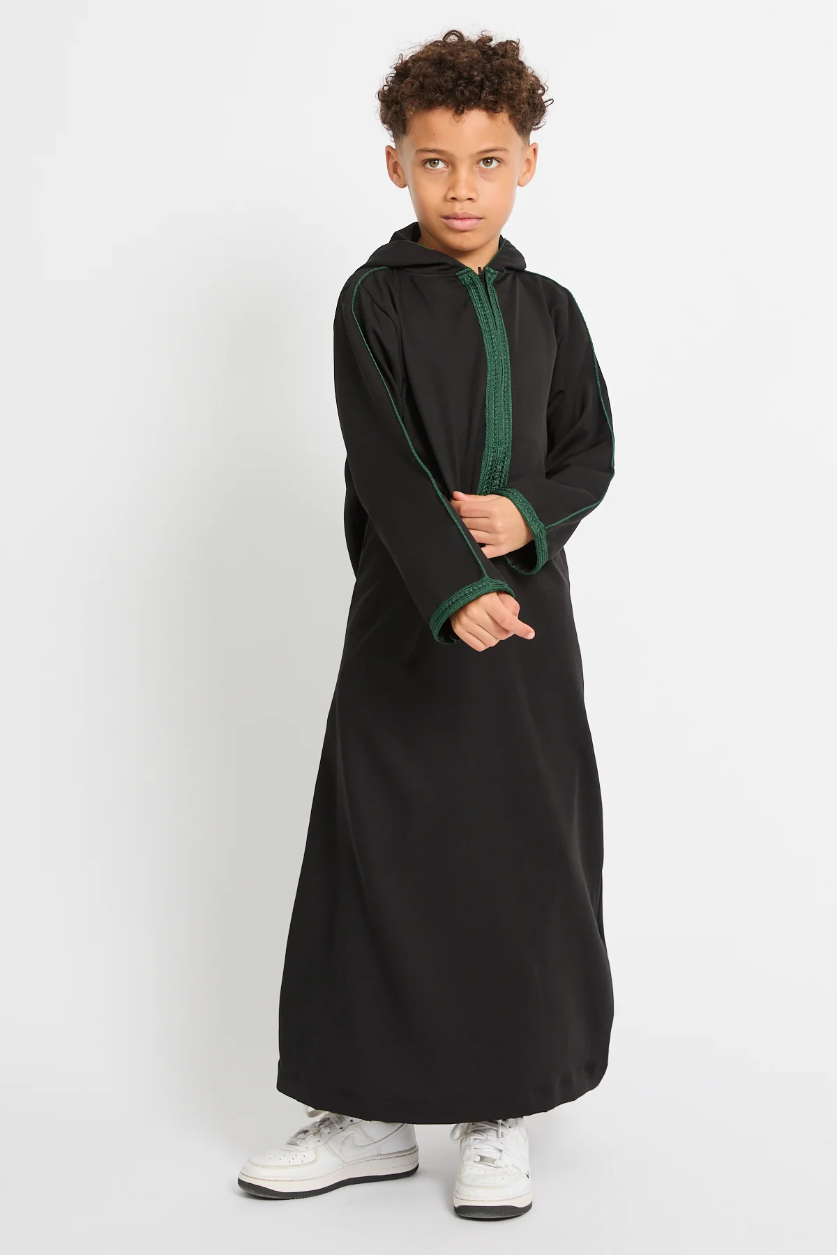 Junior Boys Premium Moroccan Thobe with Hood - Noir Emerald - Image 6