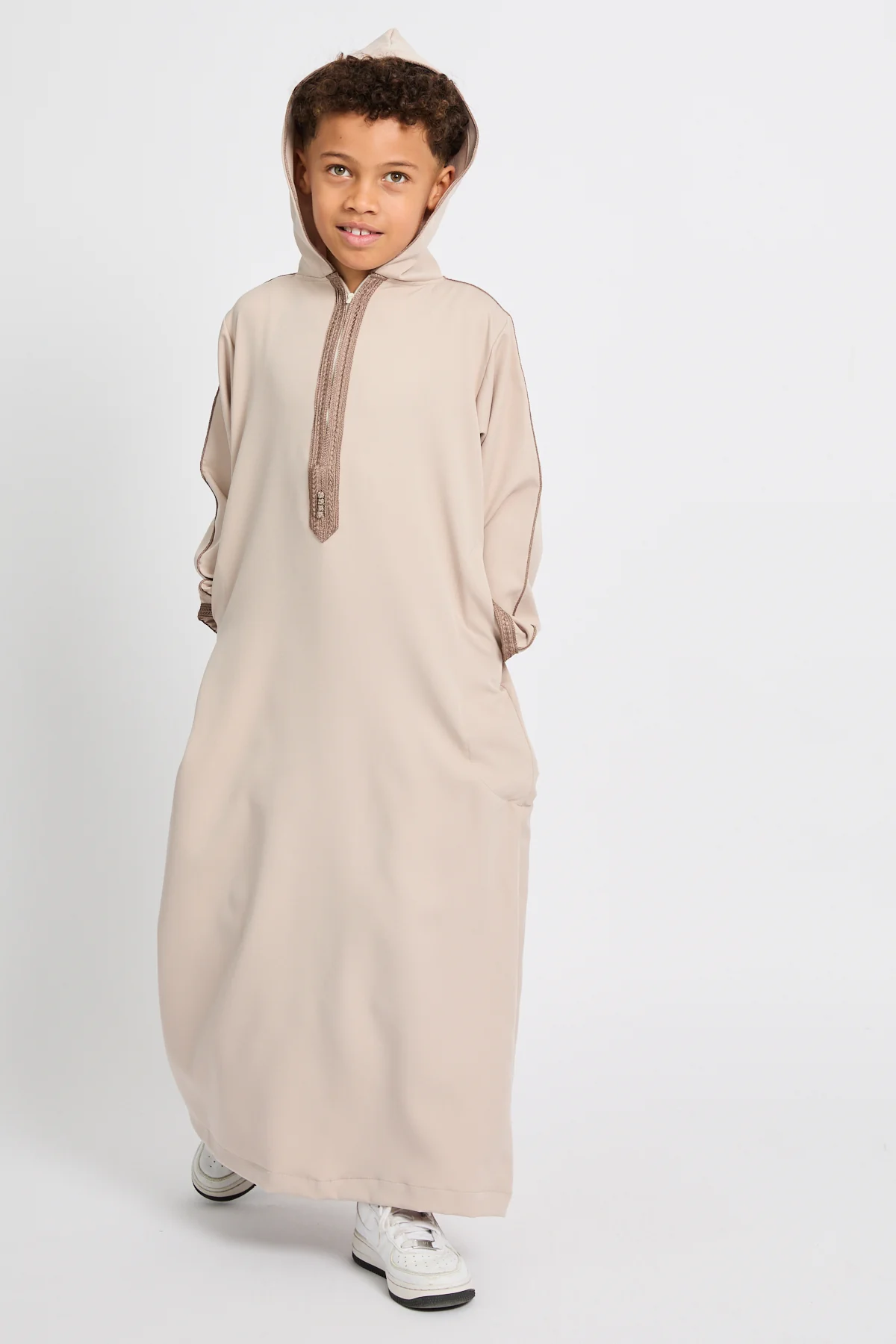 Junior Boys Premium Moroccan Thobe with Hood - Soft Sand - Image 3