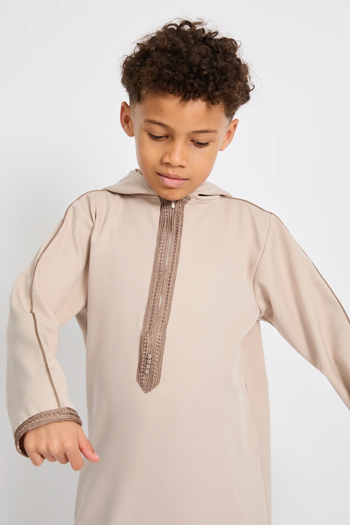 Junior Boys Premium Moroccan Thobe with Hood - Soft Sand - Image 4