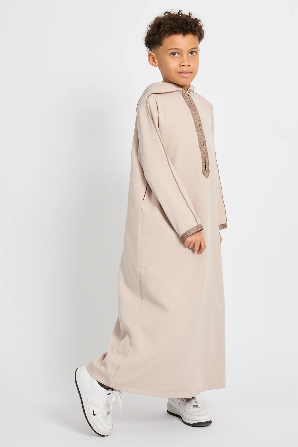 Junior Boys Premium Moroccan Thobe with Hood - Soft Sand - Image 5