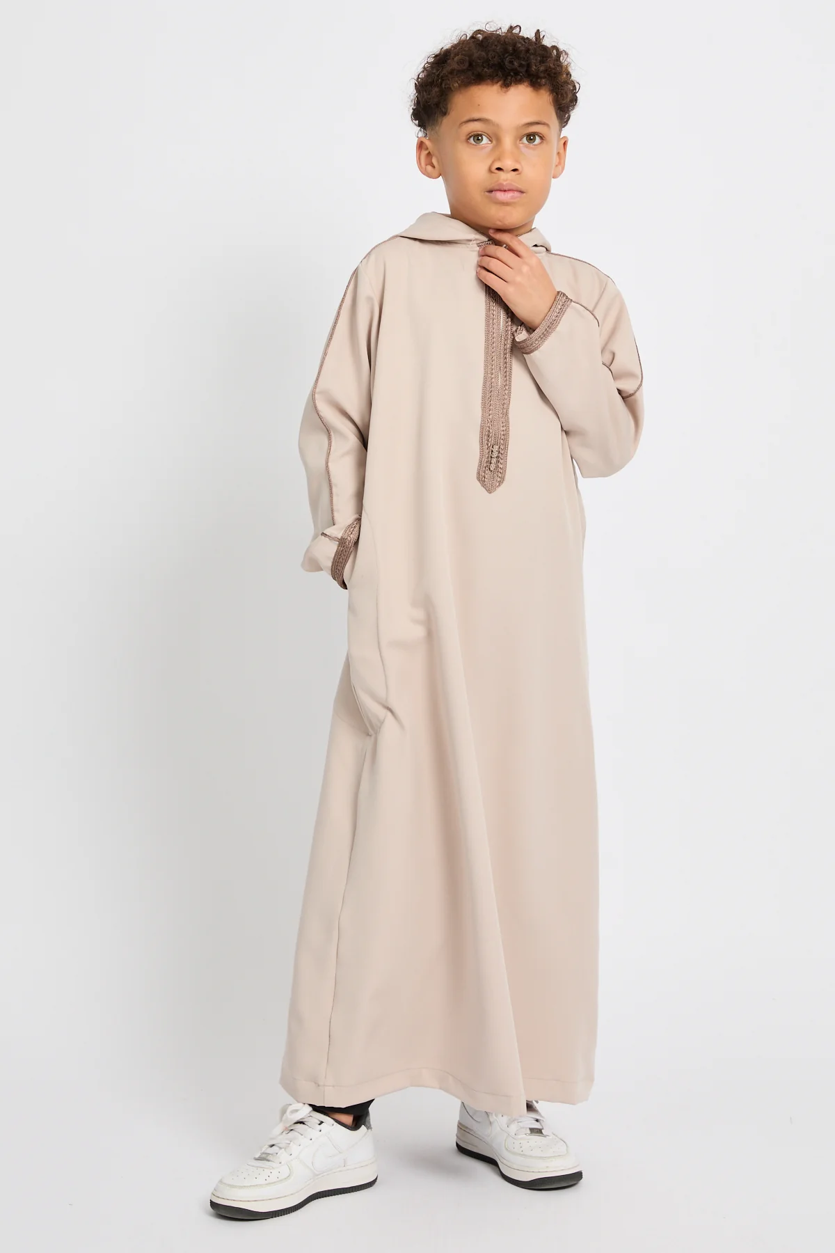 Junior Boys Premium Moroccan Thobe with Hood - Soft Sand - Image 7