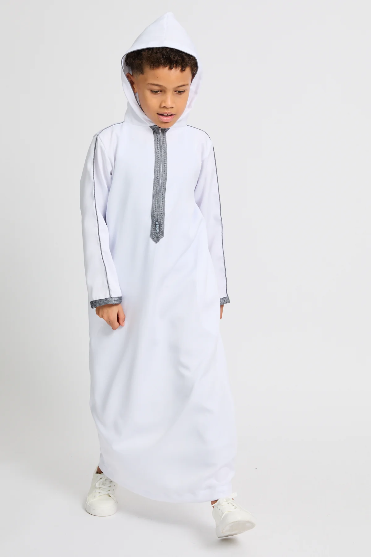 Junior Boys Premium Moroccan Thobe with Hood - White