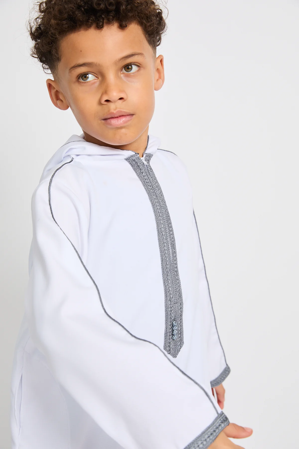 Junior Boys Premium Moroccan Thobe with Hood - White - Image 2