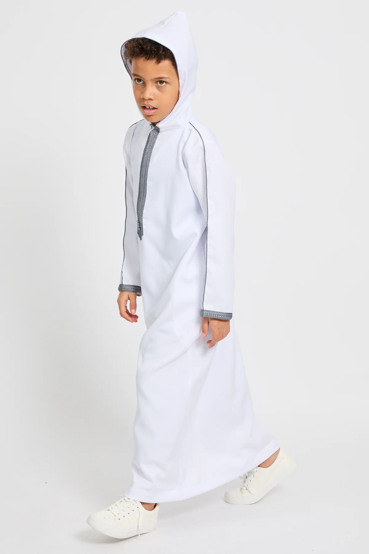 Junior Boys Premium Moroccan Thobe with Hood - White - Image 6