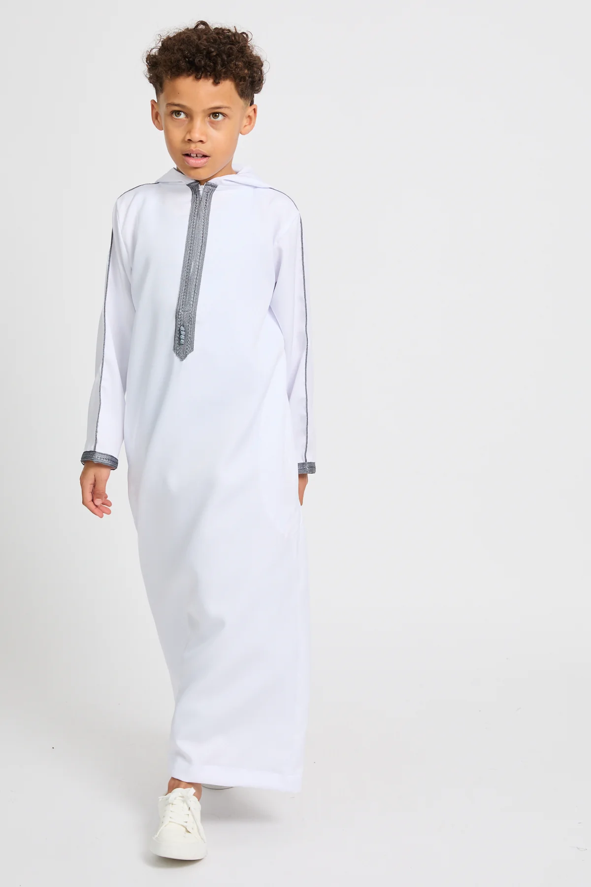 Junior Boys Premium Moroccan Thobe with Hood - White - Image 8